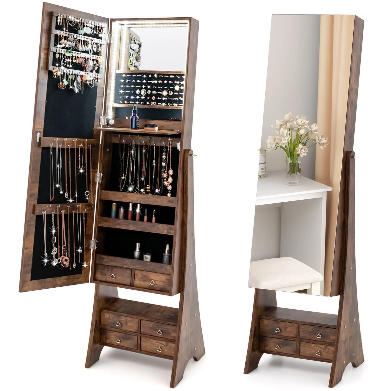 Costway Freestanding Jewelry Cabinet Floor Jewelry Armoire Organizer in Brown