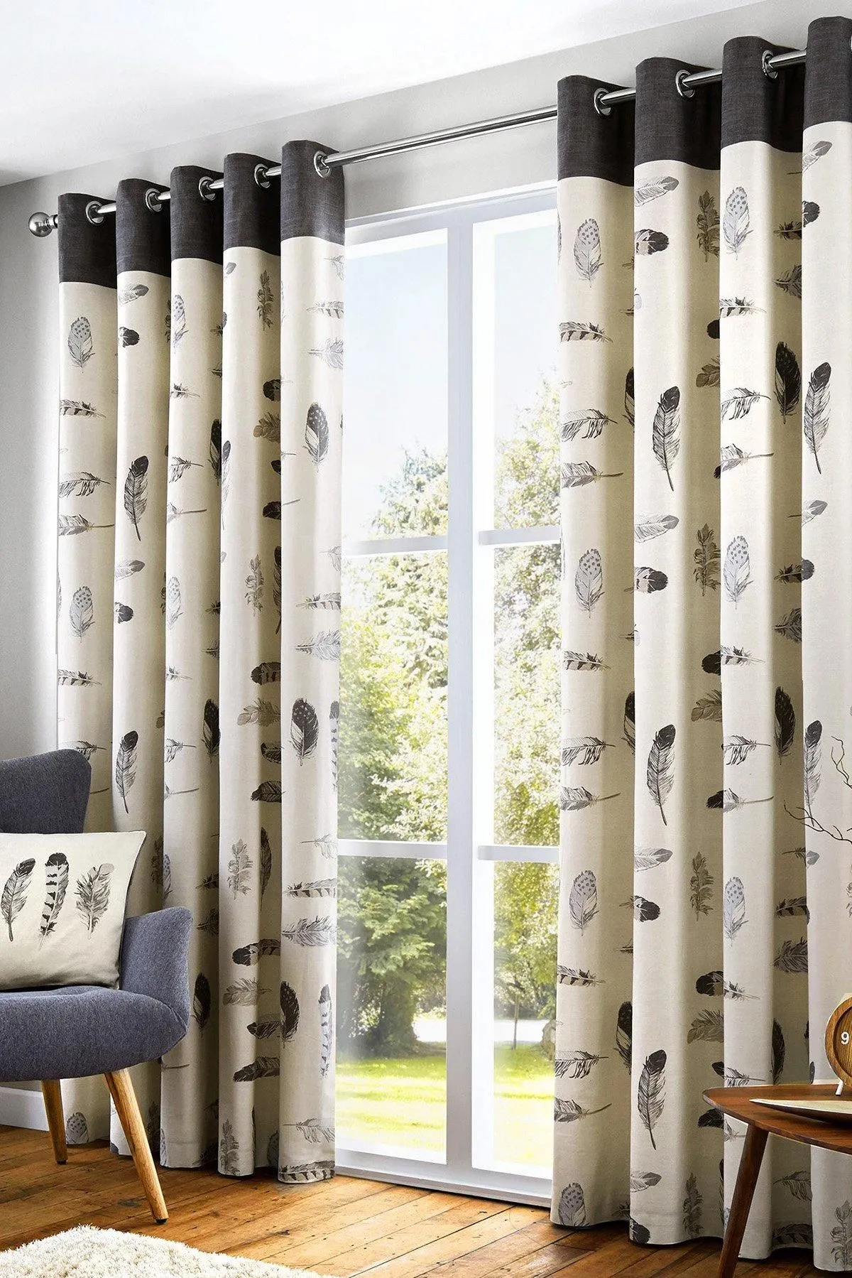 Fusion 'Idaho' 100% Cotton Feather Motif Pair of Eyelet Curtains in Charcoal