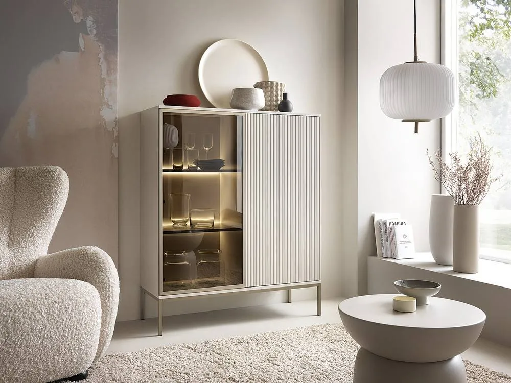 Vente-unique 2 - Door Display Cabinet With Leds In MDF & Smoked Glass - Beige and