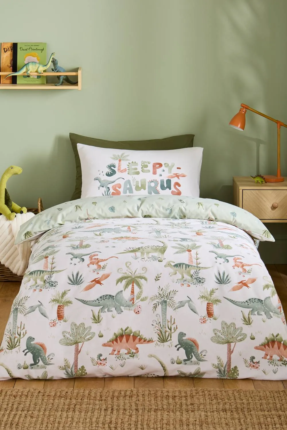 Catherine Lansfield 'Brushed Sleepy Saurus Dino' Cotton Reversible Duvet Cover Set in Cream