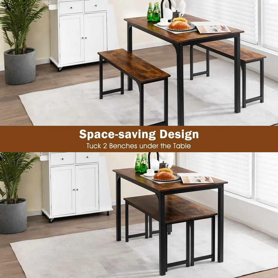 Costway 3 PCS Dining Table Set Space-Saving Kitchen Table Set w/2 Benches in Brown 4