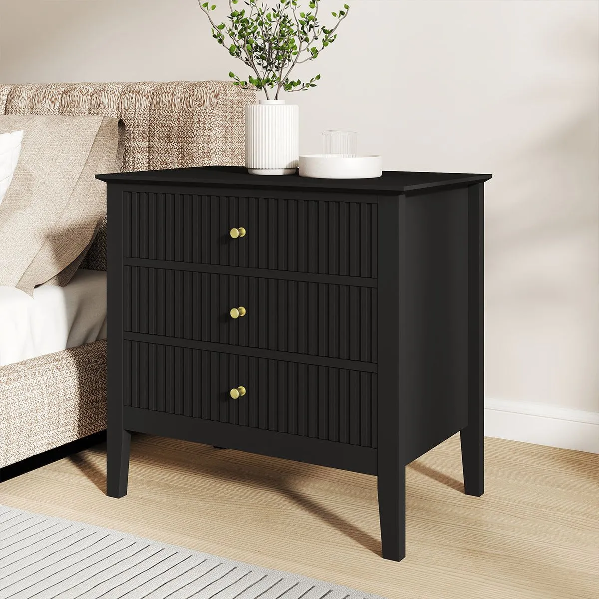 Melody Maison Wide 3 Drawer Chest Of Drawers & Pair Of Large Bedside Tables - Hales Black Range 5