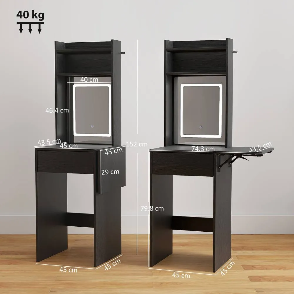 HOMCOM Compact Dressing Table with Lighted Mirror Open Shelves Drawer in Black 3