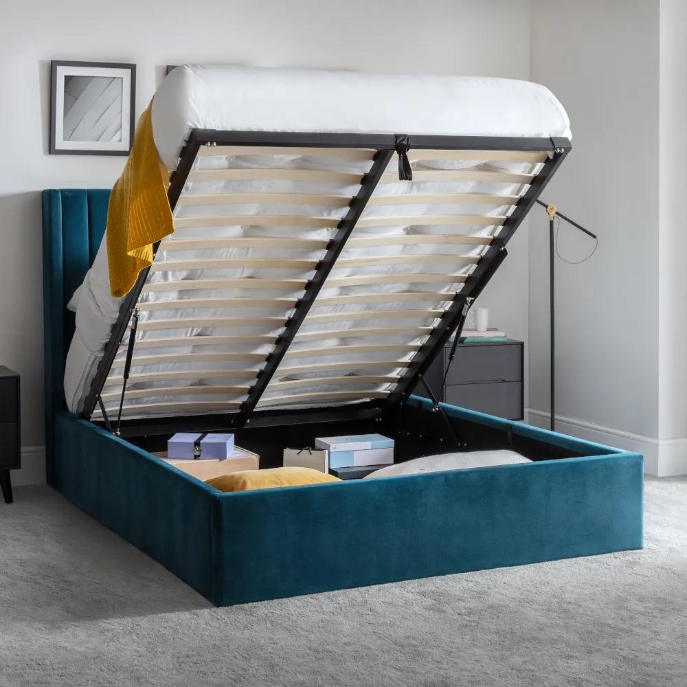 Langham Teal Velvet Ottoman Storage Bed Frame - 6ft Super King Size