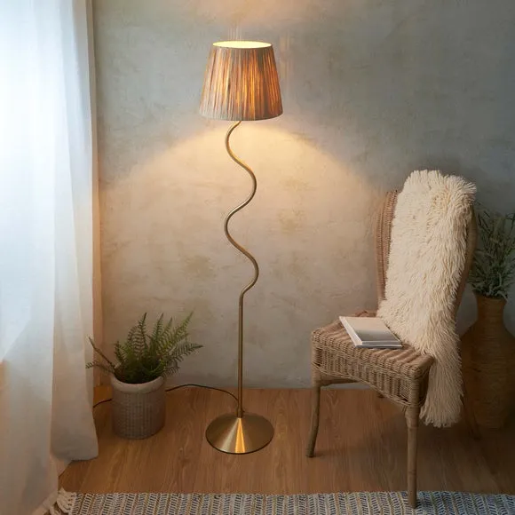 Endon Collection Wriggle Floor Lamp With Tapered Shade Brushed Aged Brass Plate Natural Raffia 1X E27, Gold