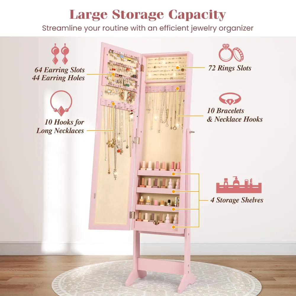 Costway Mirrored Jewelry Armoire Standing Jewelry Cabinet in Pink 5