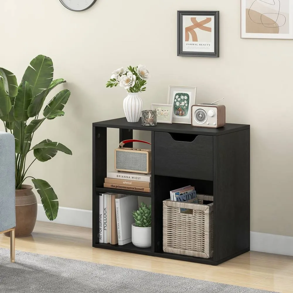 Costway 3-Cube Bookcase 2-tier Wooden Storage Shelf w/ Drawer in Black 2