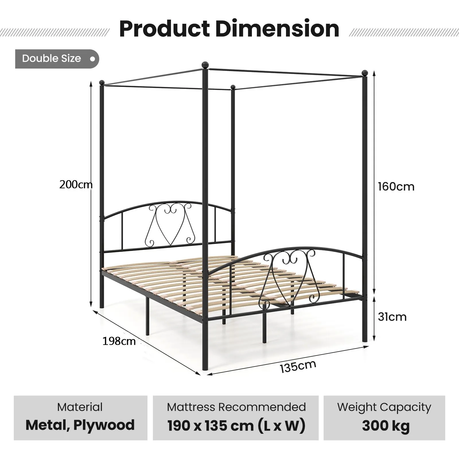 Costway Double Size Metal Canopy Bed Frame 4-Poster Modern Platform Wooden Slat Support in Black 2