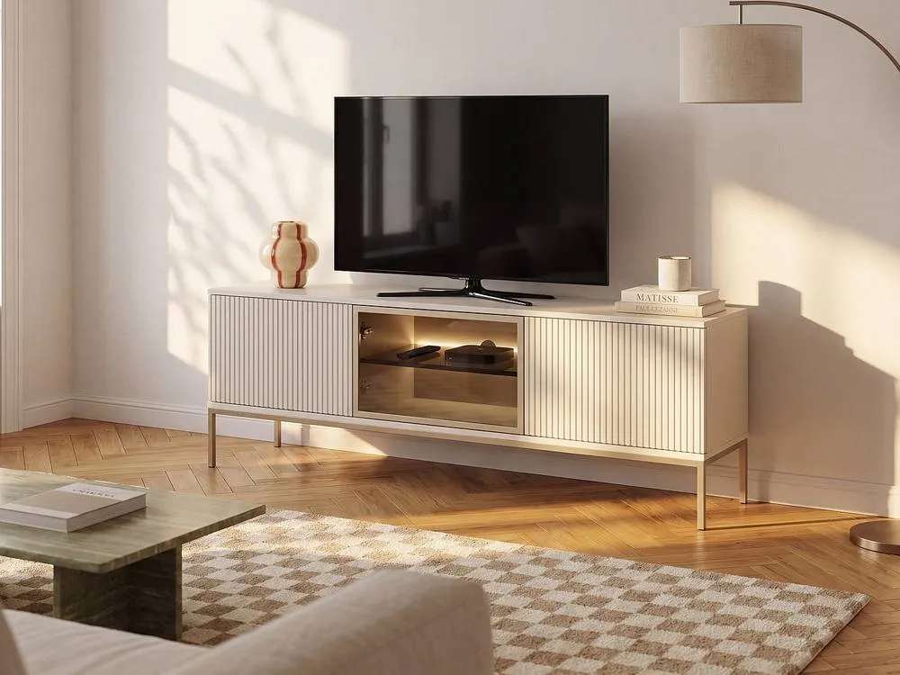 Vente-unique 3 - Door TV Unit With Leds In MDF & Smoked Glass - Beige & Black 2