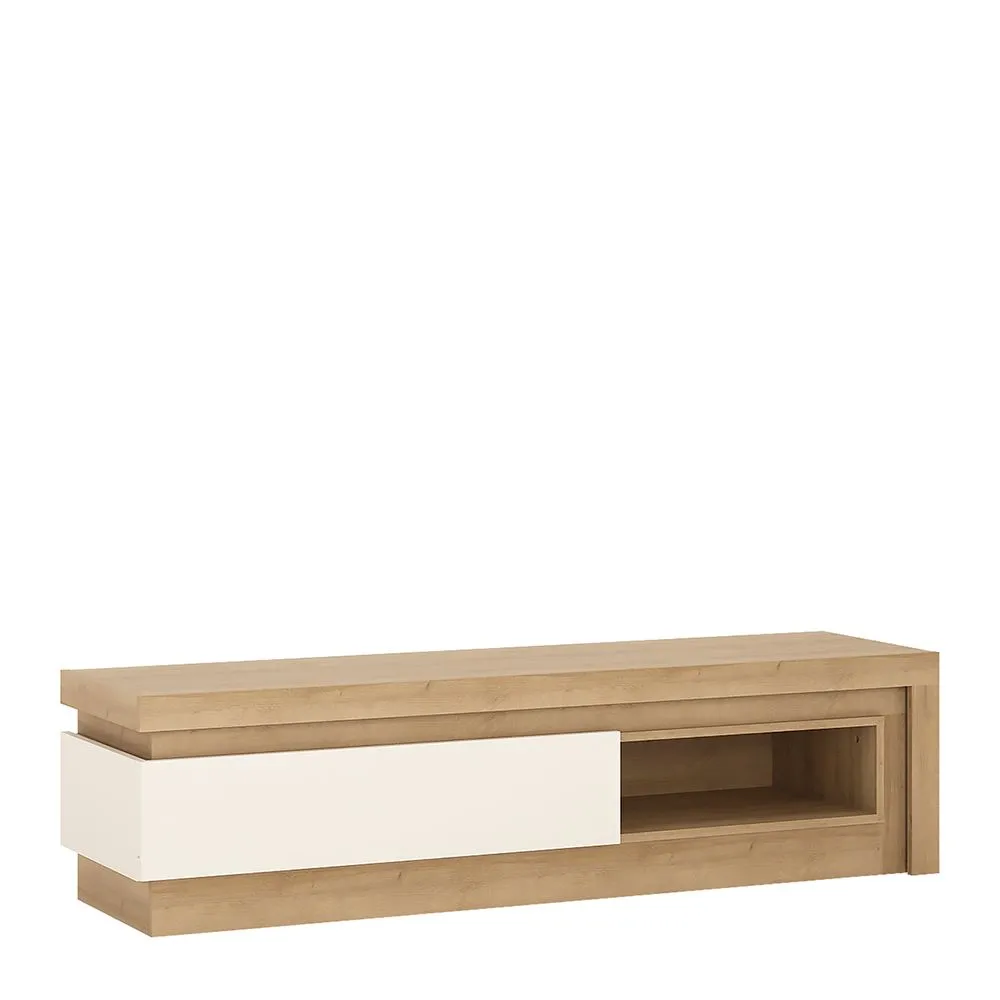 Furniture To Go Lyon 1 drawer TV cabinet with open shelf in Riviera Oak/White High Gloss in Brown