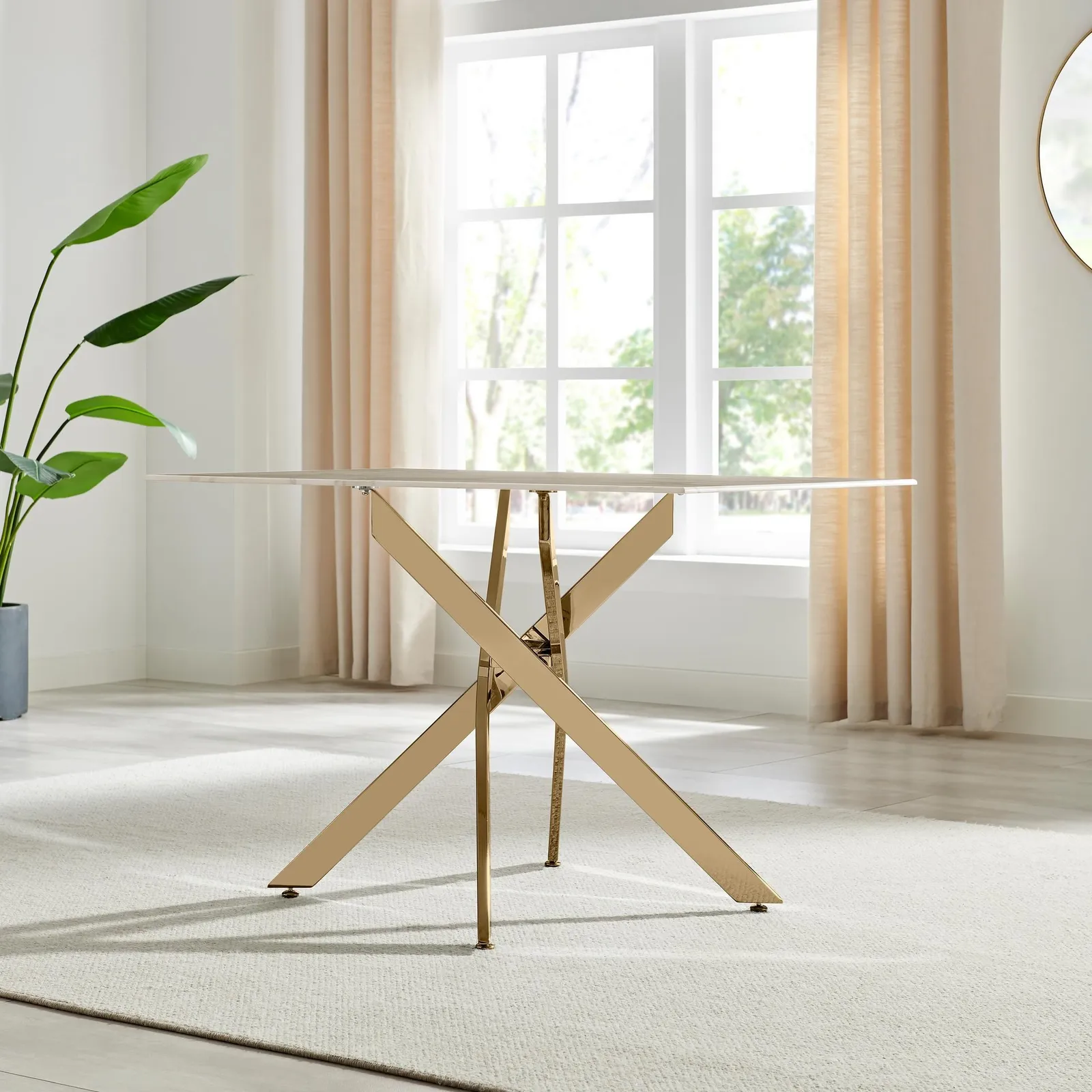 FurnitureboxUK Leonardo White Glass Marble Effect Gold Leg Table & 4 Milan Gold Leg Chairs in Beige 4