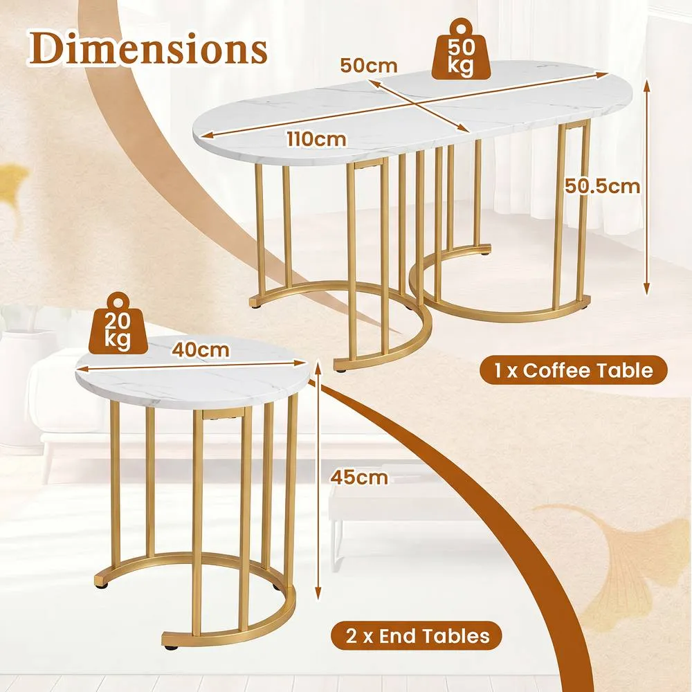 Costway 3PCS Nesting Coffee Table Set 110cm Coffee Table w/ 2 Side Tables in White 2