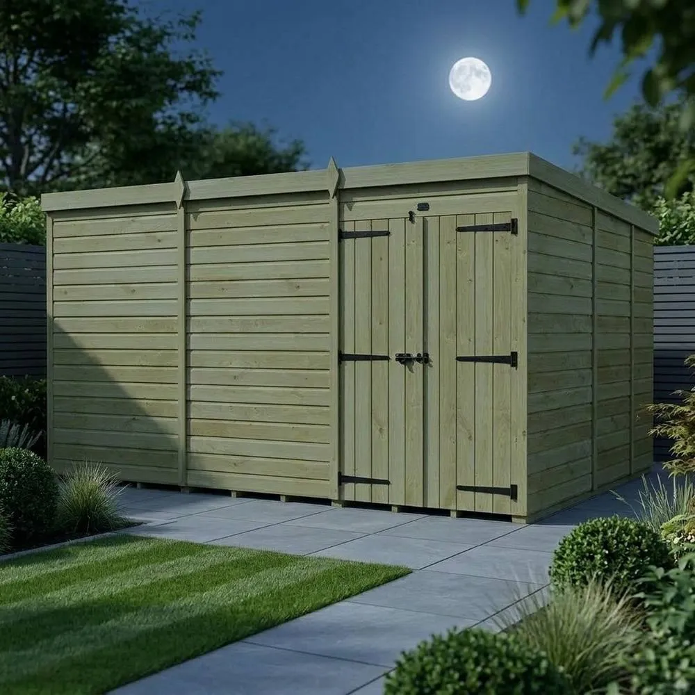 Buttercup Farm 12ft x 9ft Pent Garden Shed Double Door No Windows - Timber in Brown 3
