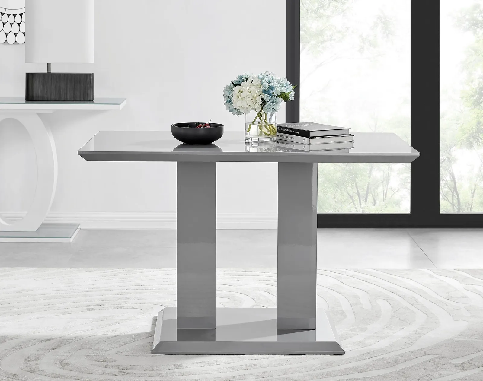 FurnitureboxUK Imperia Grey High Gloss 4 Seater Dining Table with Structural 2 Plinth Column Legs 4 Soft Faux Leather Silver Leg Milan Chairs 2