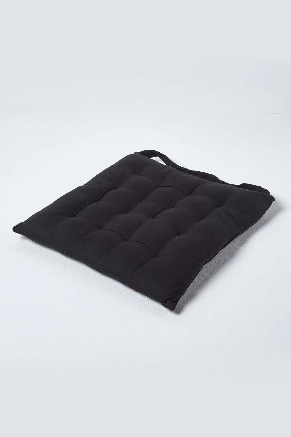 Homescapes Seat Pad Luxury 100% Cotton Indoor Outdoor Garden Cushion, Button Tie, 40cm in Black 1