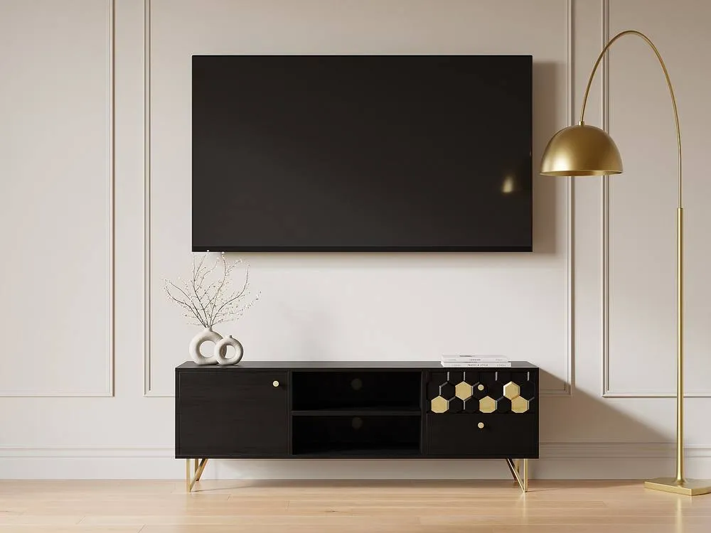 Vente-unique TV Stand With 1 Door, 2 Drawers, & 2 Shelves In Mango Wood & Metal in Black 3
