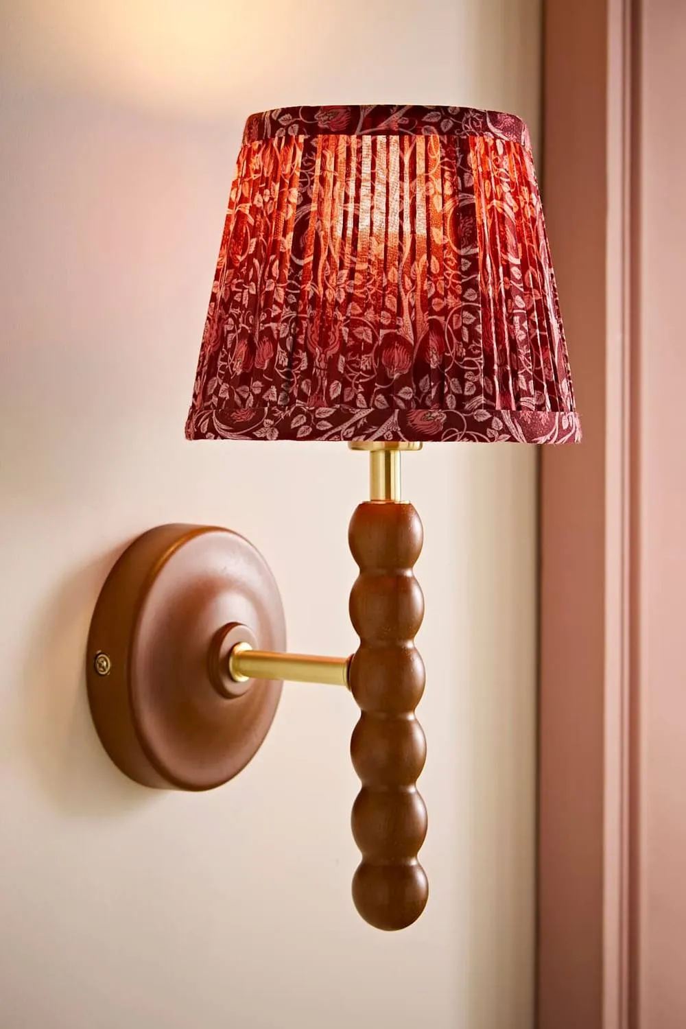 ValueLights Bobbins Pair Burgundy Floral Pleated Shade Wooden Bobble Wall Light in Walnut