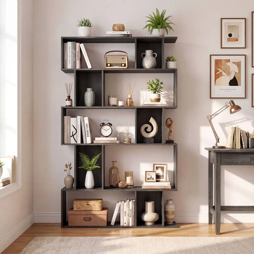 Costway Geometric Bookshelf 5-Tier Bookcase with Open Shelves in Brown 3