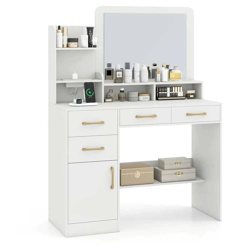 Costway Modern Dressing Desk Makeup Table Vanity Table w/ Cabinet & Mirror in White 2