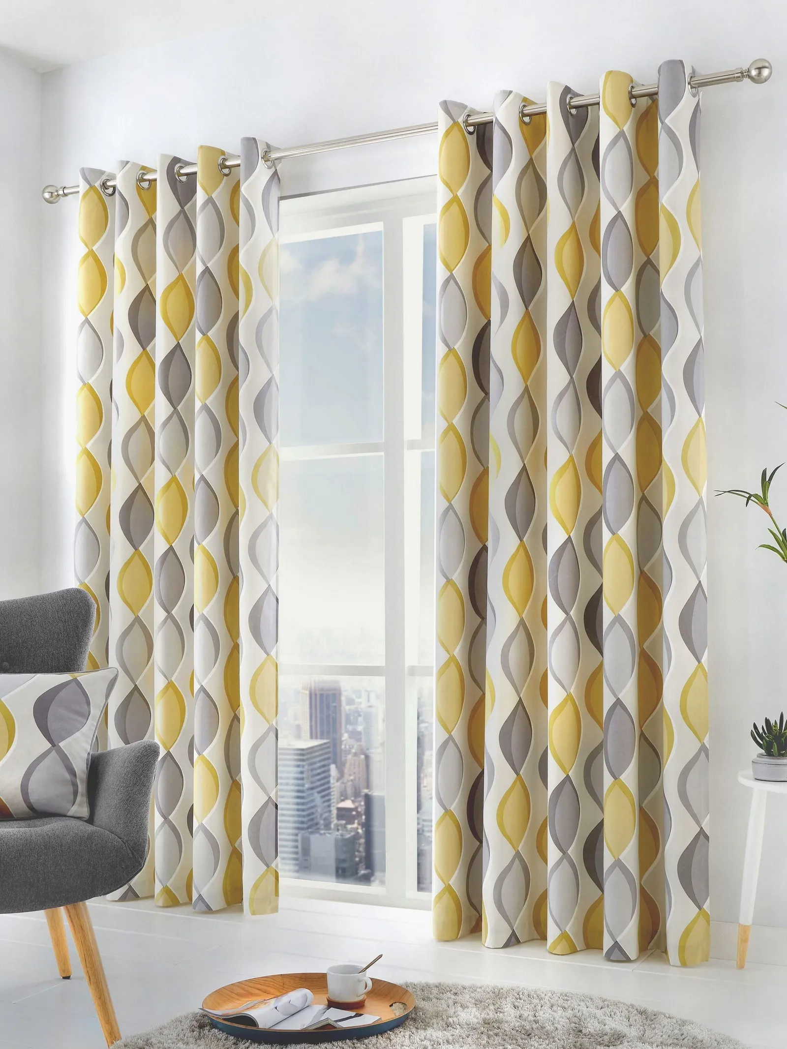 Fusion 'Lennox' Modern Geo Print Eyelet Curtains in Yellow