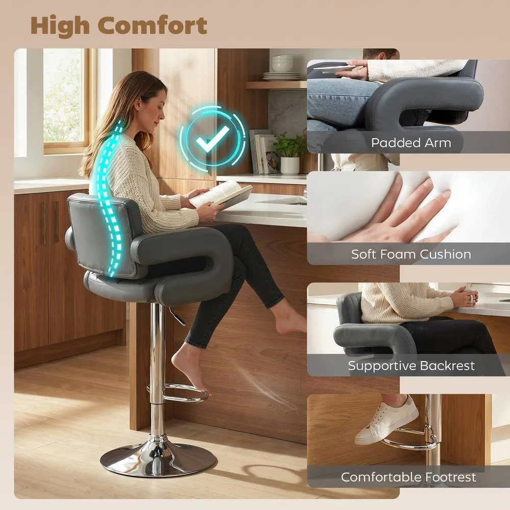 HOMCOM Bar Stools Adjustable Swivel with Armrest Set of 2 Grey 4