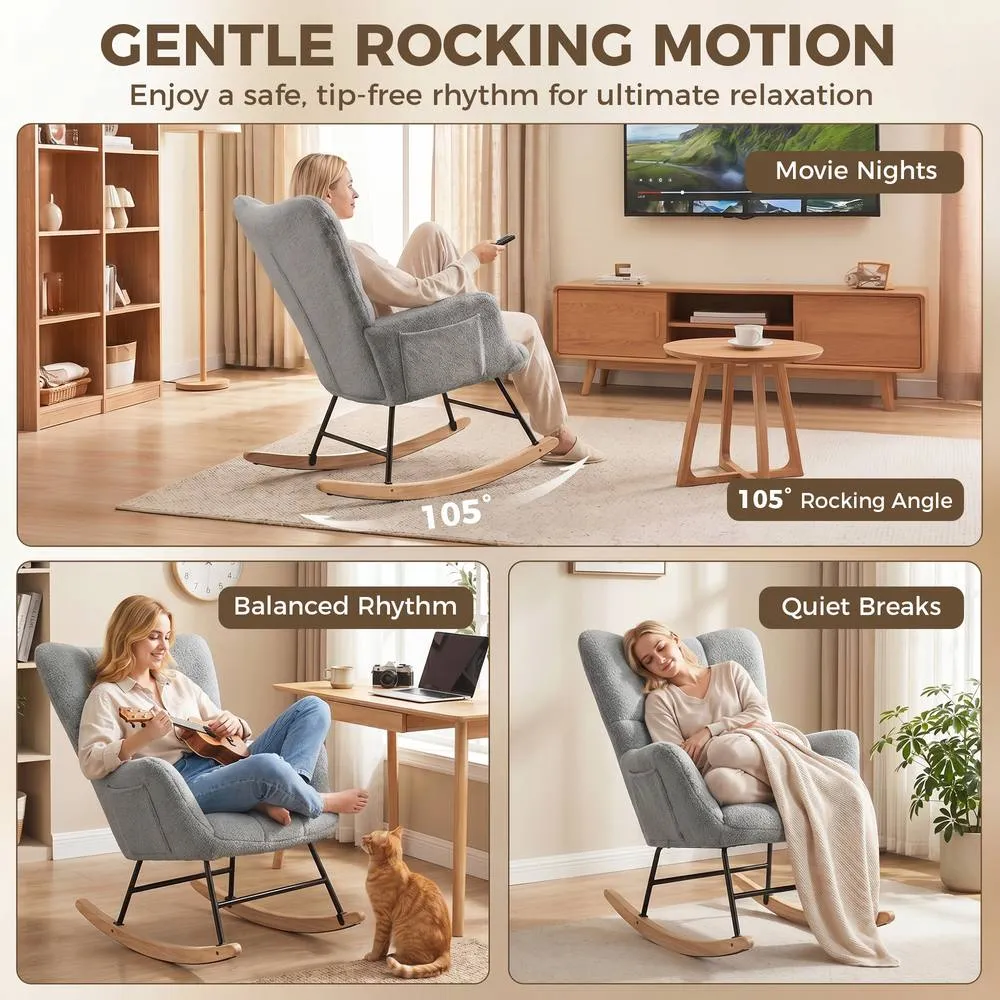 HOMCOM Tufted Rocking Chair with Side Pockets in Light Grey 4