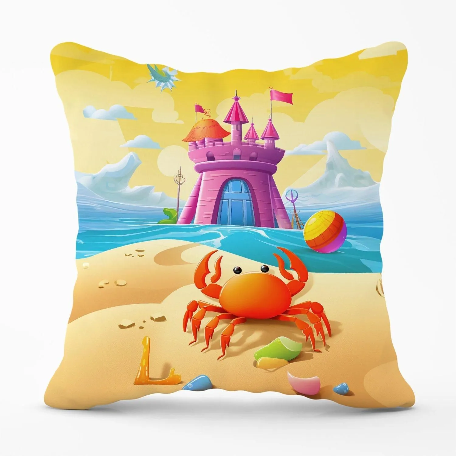Warren Reed - Designer Orange Crab On A Beach Holiday Outdoor Cushion in Yellow