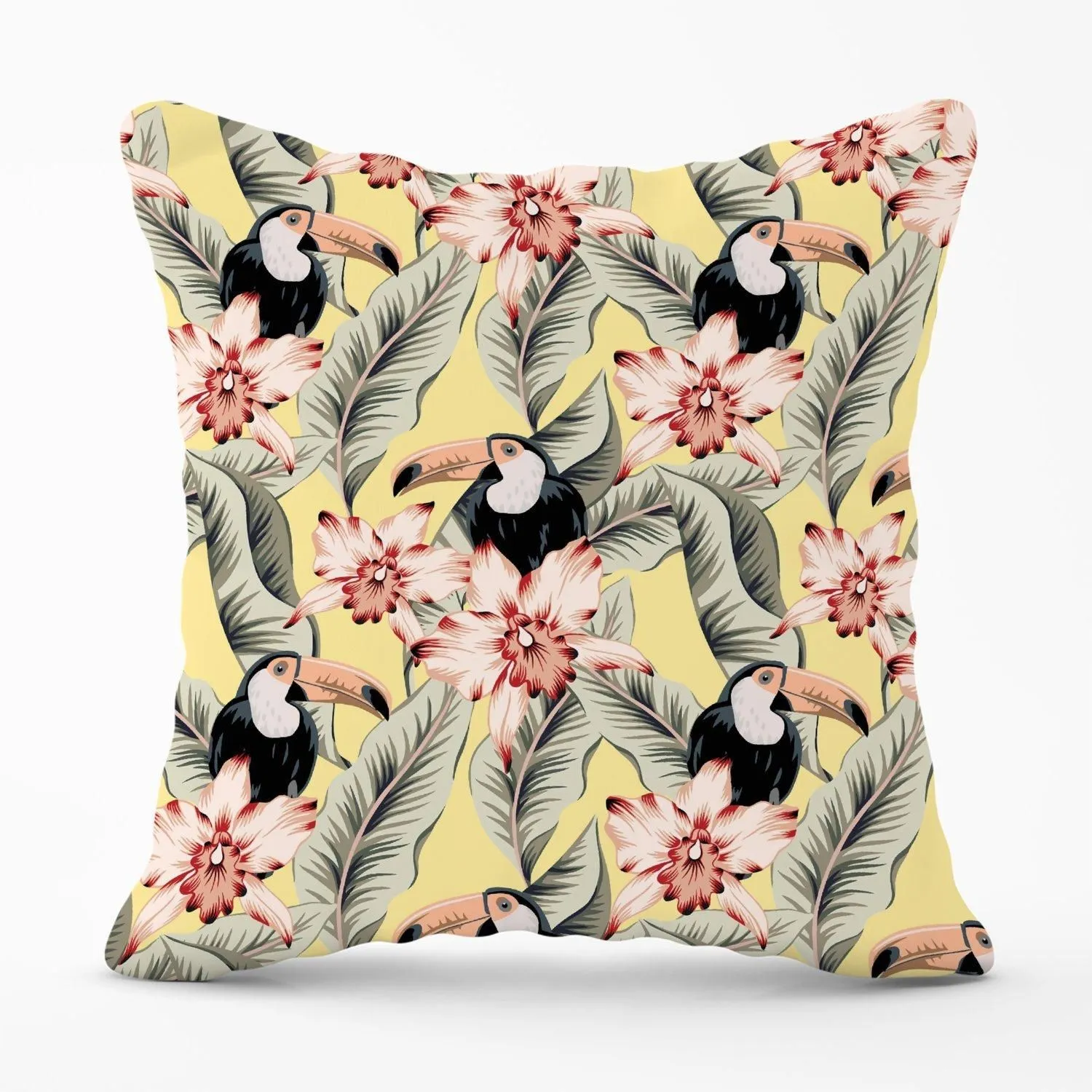 Warren Reed - Designer Toucans, Orchids & Palm Leaves Outdoor Cushion in Yellow