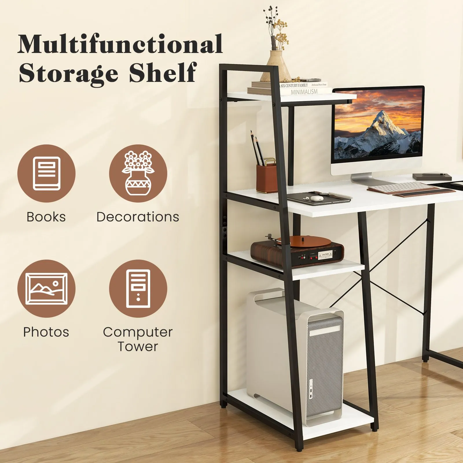 Costway Home Office Desk Computer Desk PC Laptop Table w/ Bookshelf & Host Stand in White 6