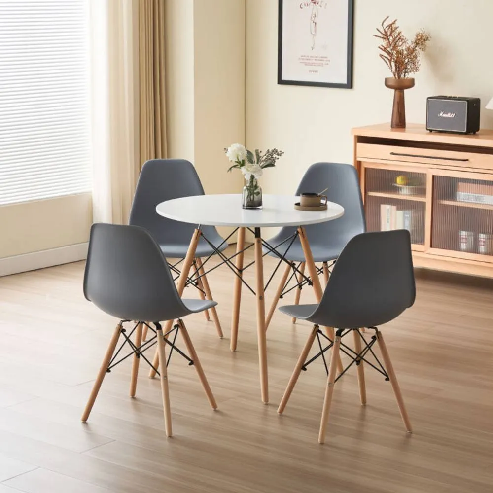Comfy Living Ltd 5 Piece Dining Set With Round White Wooden Top & 4 Grey Chairs With Metal Detailing