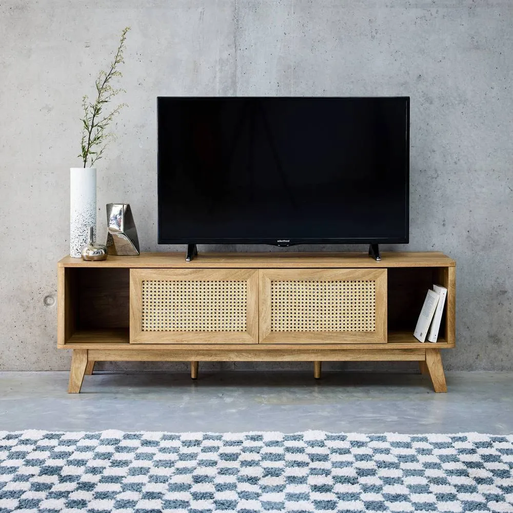 sweeek 150cm TV unit wooden effect & cane 2 sliding doors in Beige 4