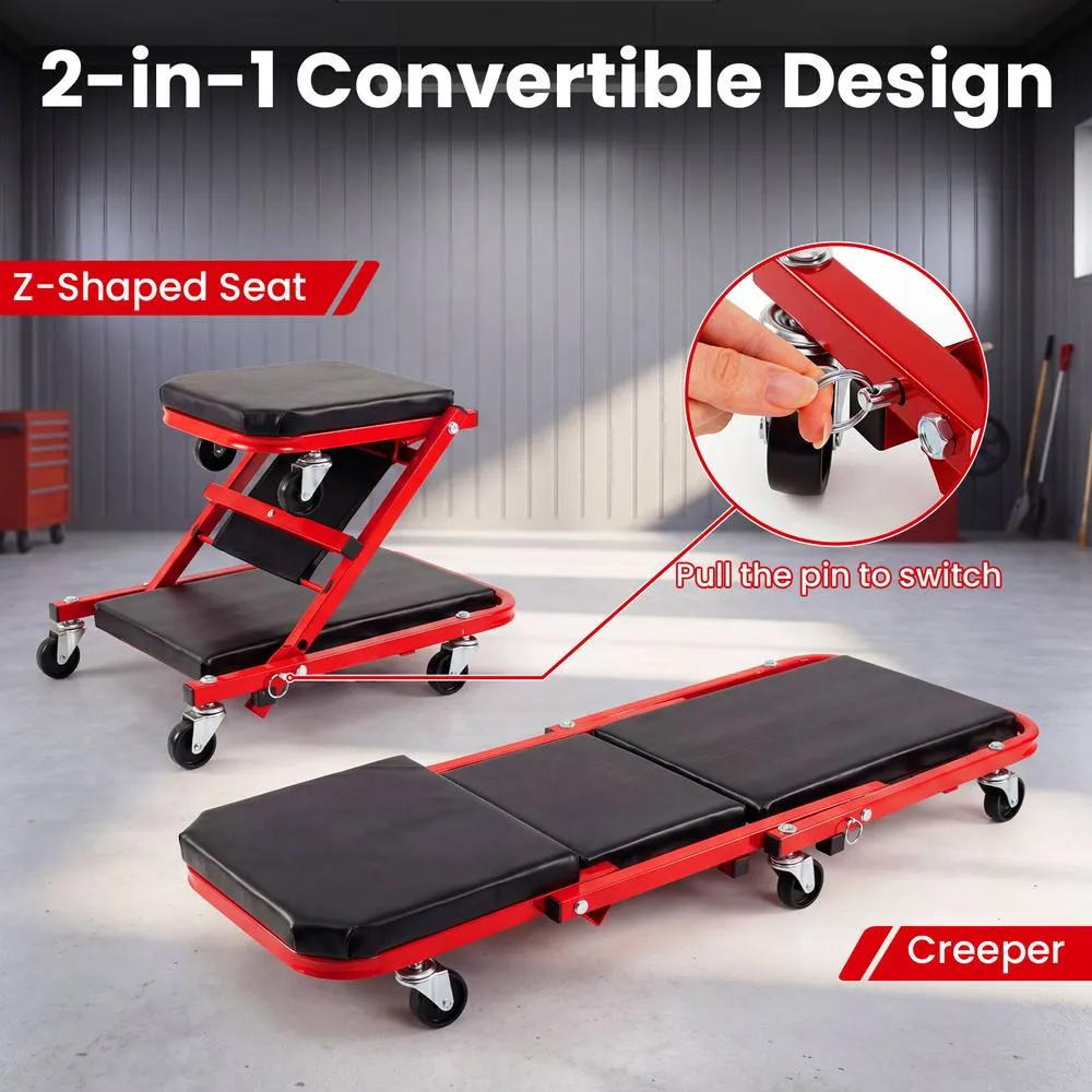 Costway 2-in-1 Rolling Folding Z Creeper Seat 36 Inch Roller Garage Chair in Red 4