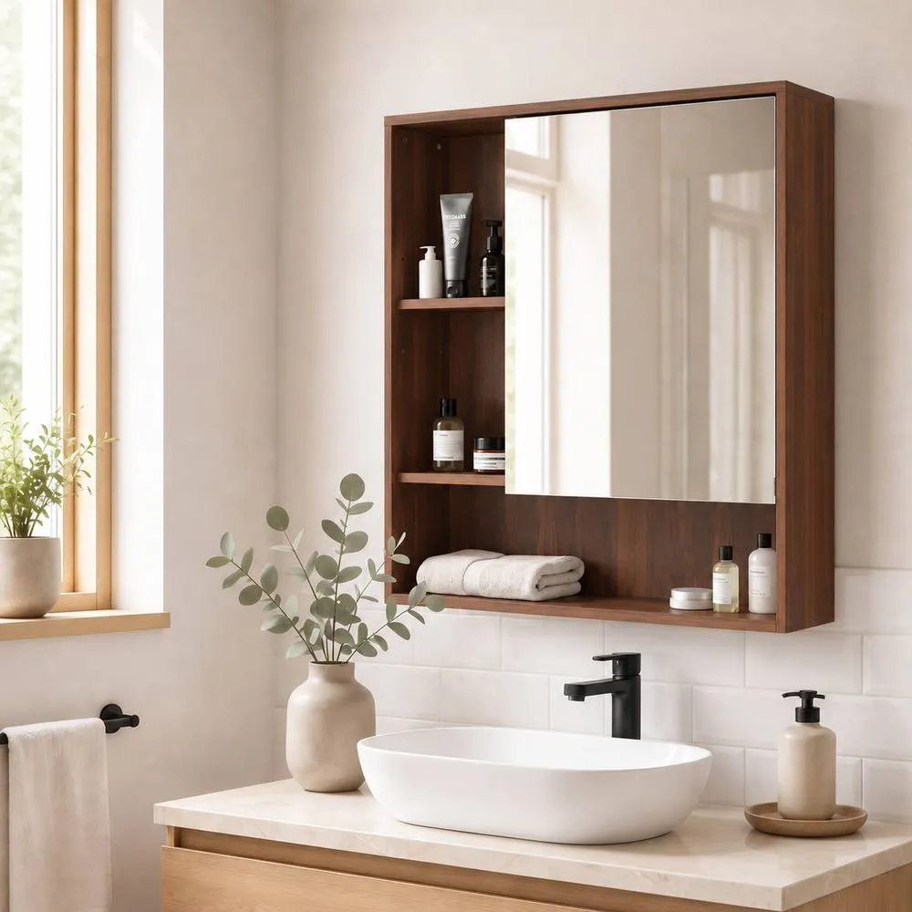 HOMCOM Bathroom Mirror Cabinet, Wall-Mounted, Adjustable Shelves in Walnut 2
