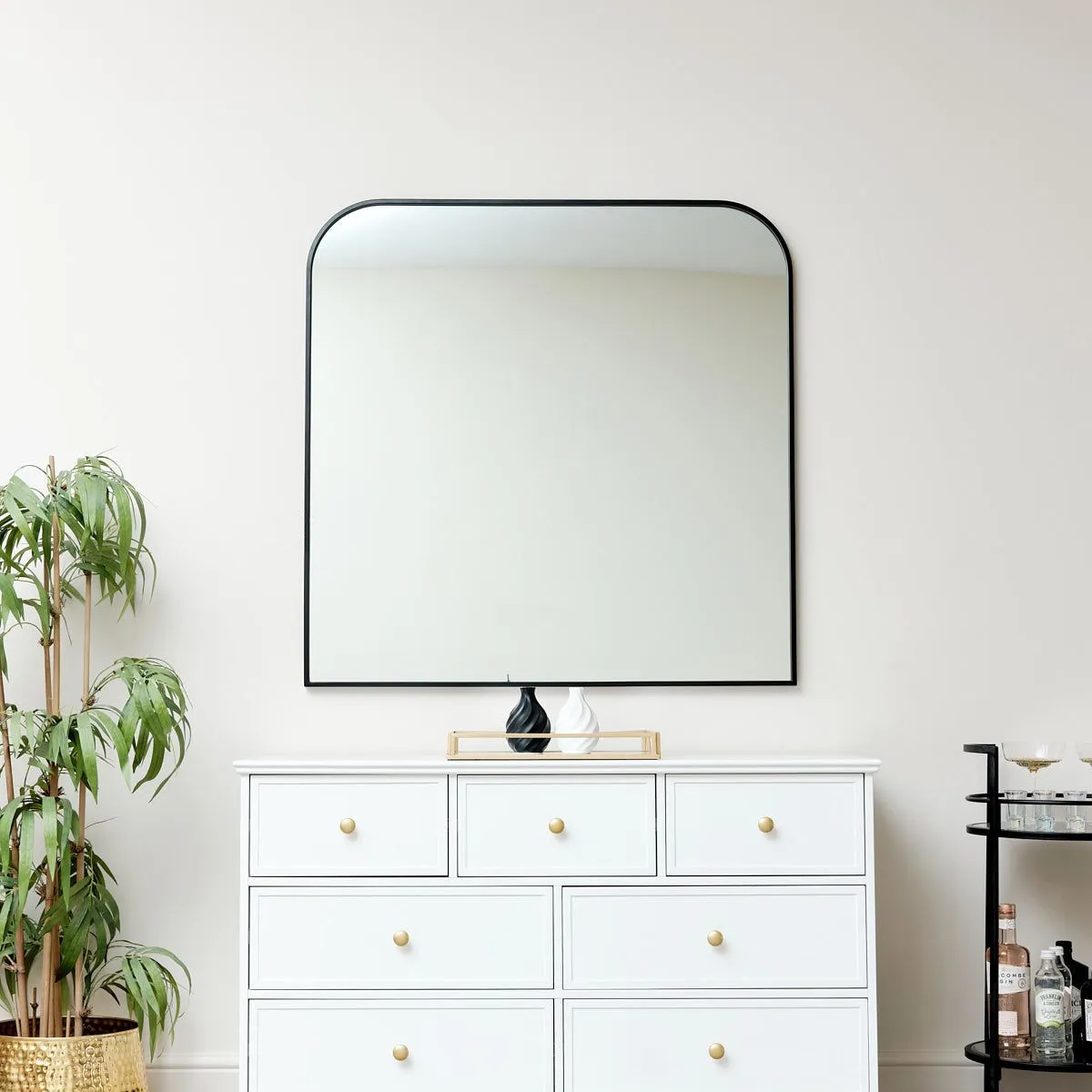 Melody Maison Large Black Curved Square Arched Overmantel Mirror 100cm X 100cm in Jet Black 2