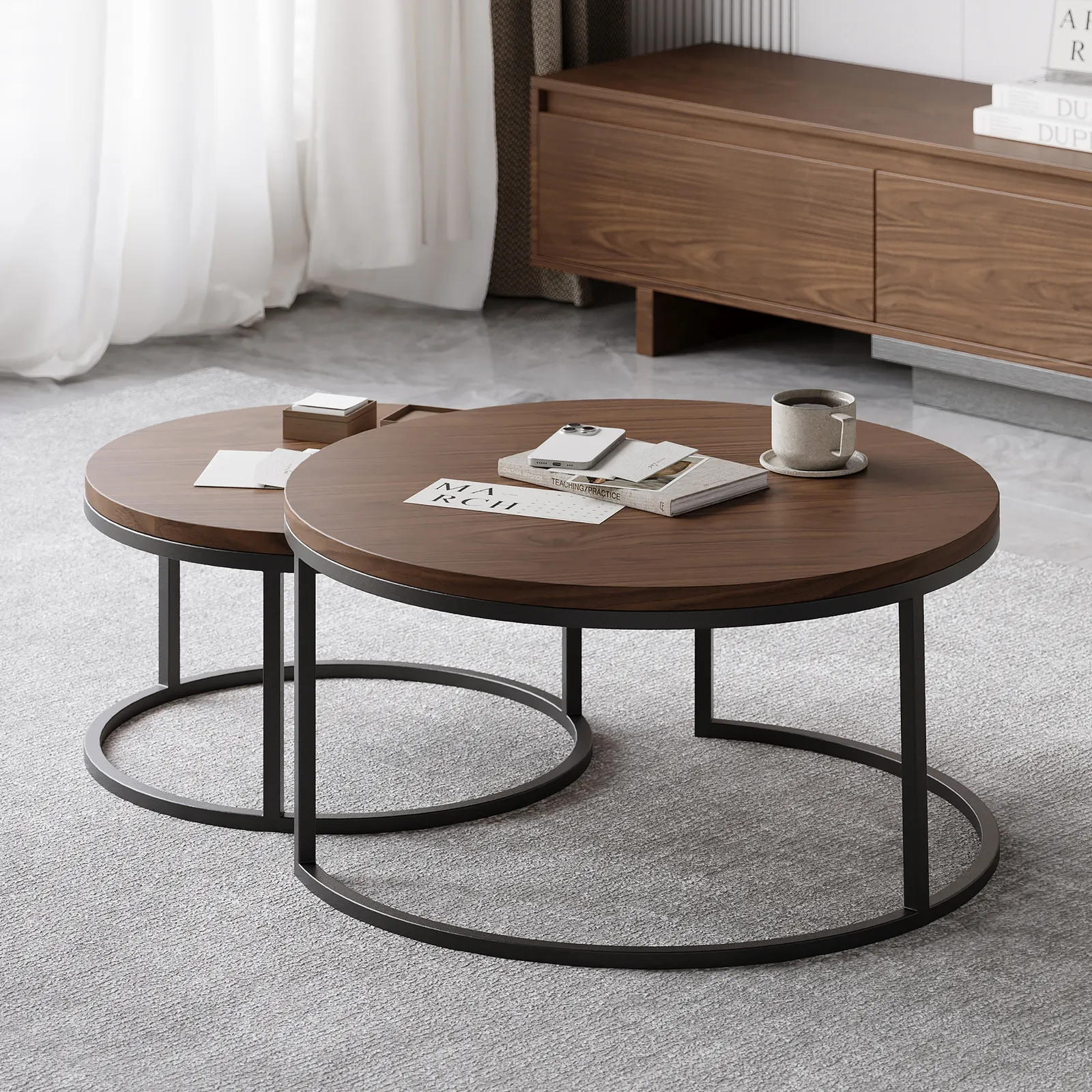 Fero 2 Pieces Modern Walnut & Black Round Nesting Coffee Table for Living Room