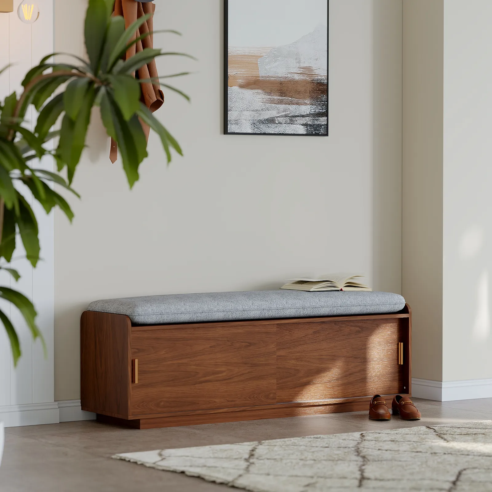 2 Doors Shoe Storage Entryway Bench Walnut Shoe Rack (135 cm)
