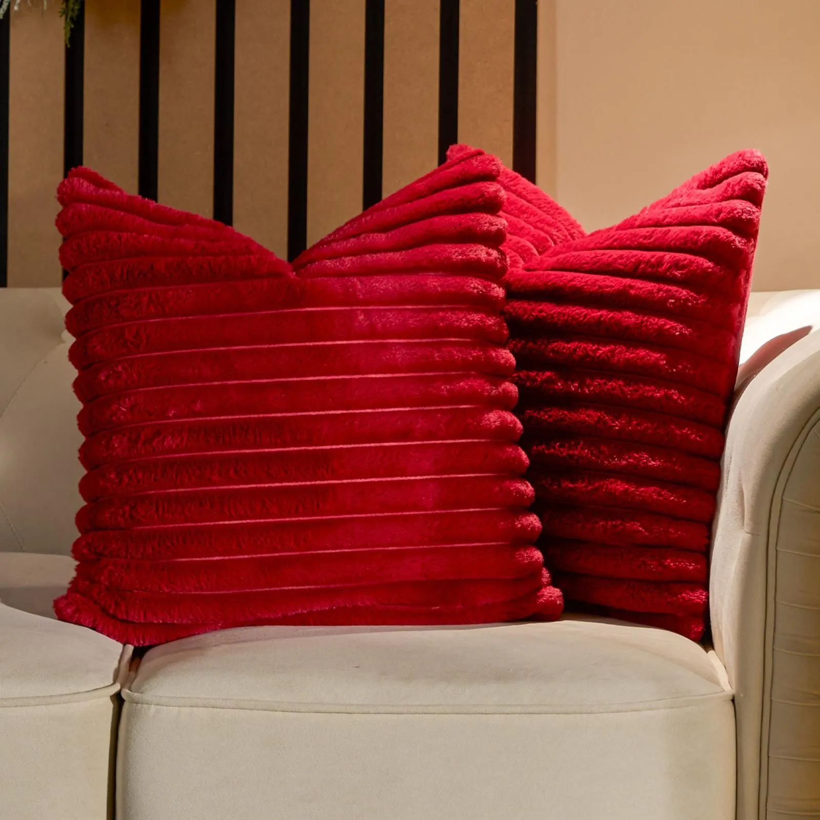 OHS 2 x Faux Fur Thick Rib Cushion Covers in Red