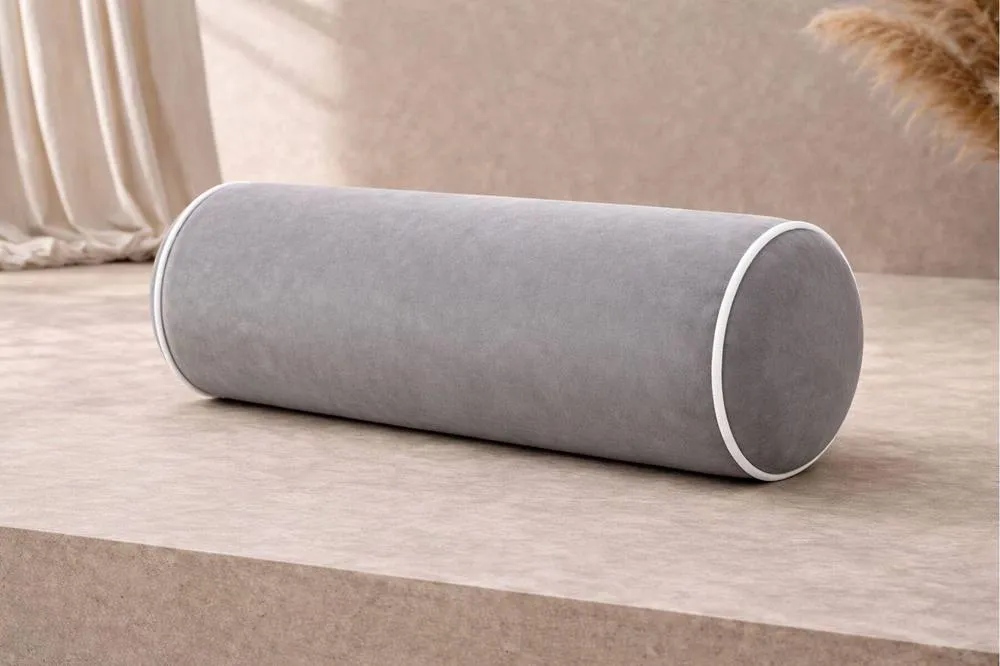 HOB Furniture Bolster Cushion with White Piping in Grey
