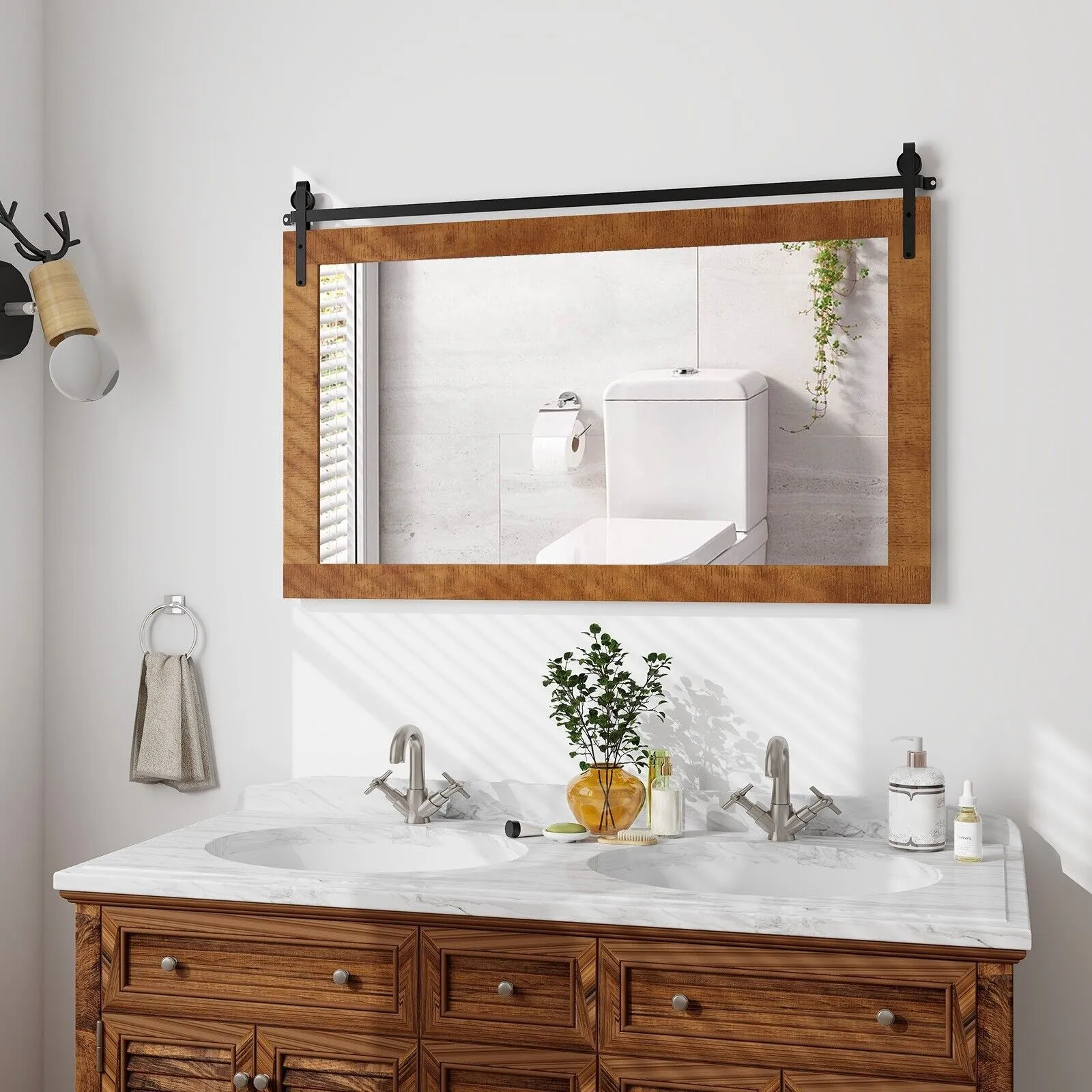 Costway Farmhouse Bathroom Wall Mounted Mirror Explosion-proof Wall Mirror E/ Wood Frame in Brown 4
