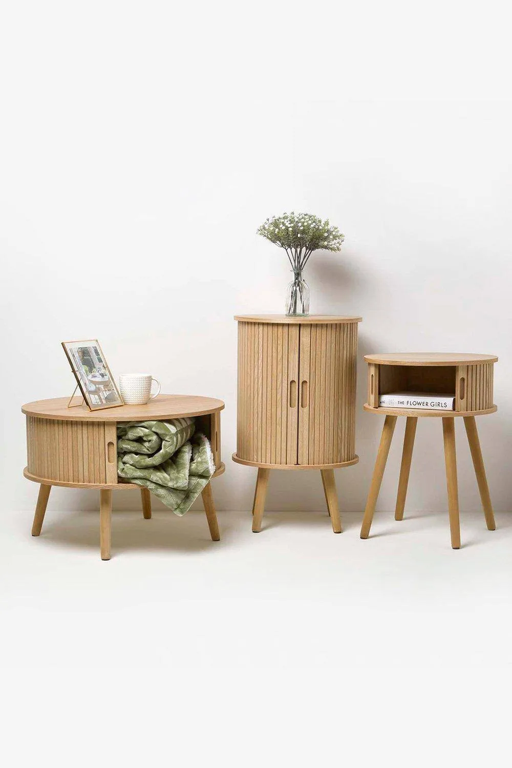 Homescapes Modern Coffee Table, Round Cabinet with Sliding Tambour Doors in Natural 6