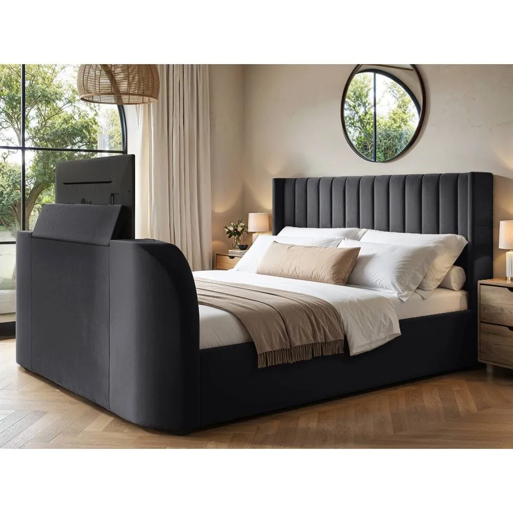 Flair Fallon TV Side Lift Ottoman Bed Charcoal Velvet in Grey