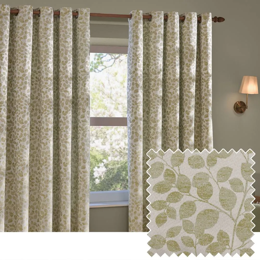 Wylder Grace Leaf Jacquard Room Darkening Eyelet Curtains Sage 117Cm Width 137Cm Drop, Green