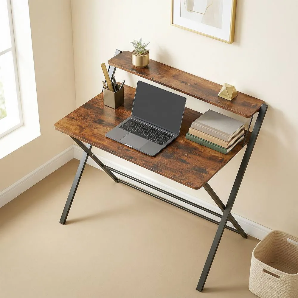 HOMCOM Folding Desk with 2-Tier Shelf for Home Office in Brown 1
