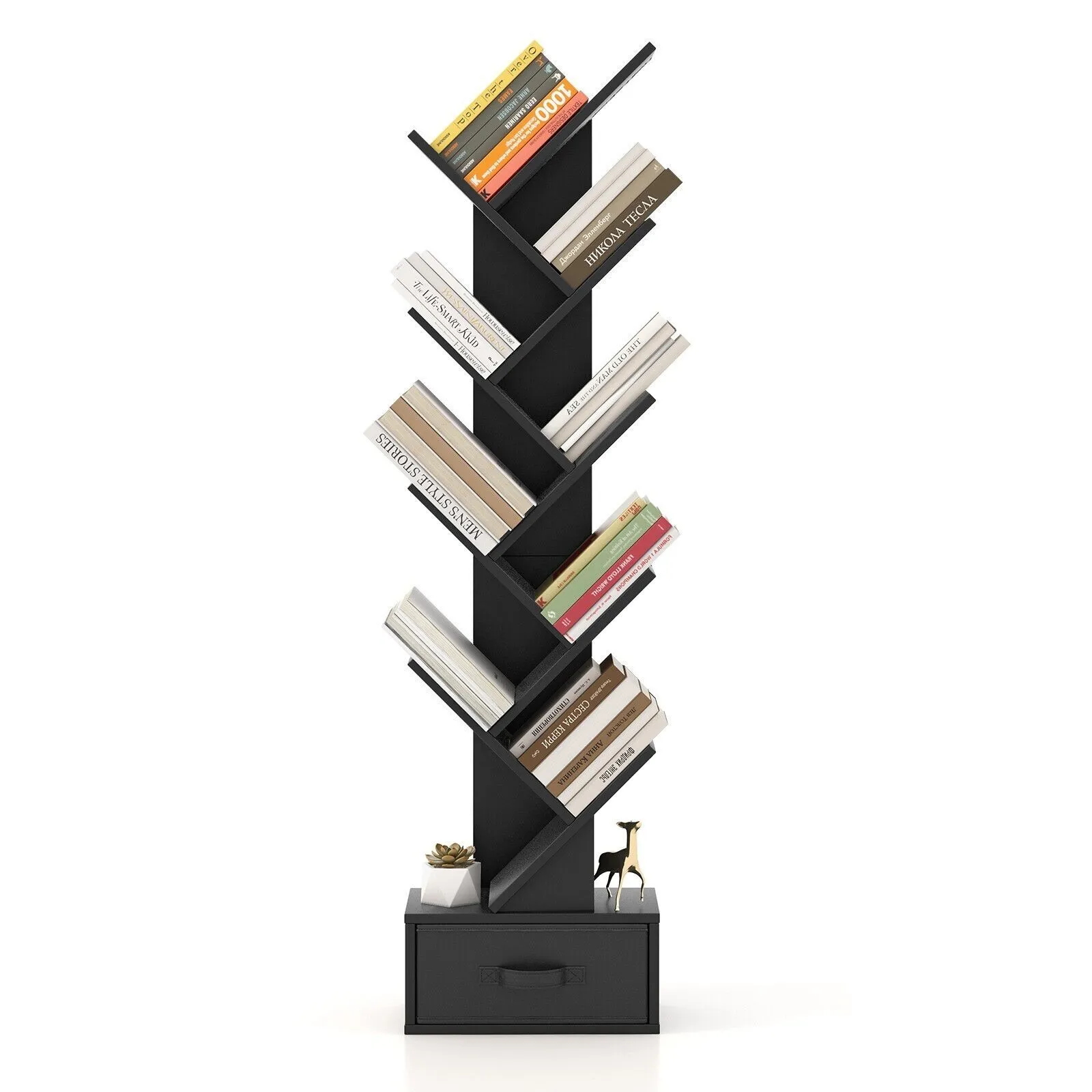 Costway 10 Tiers Bookshelf Display Bookcase Tree Shaped Storage Rack Shelves with Drawer in Black