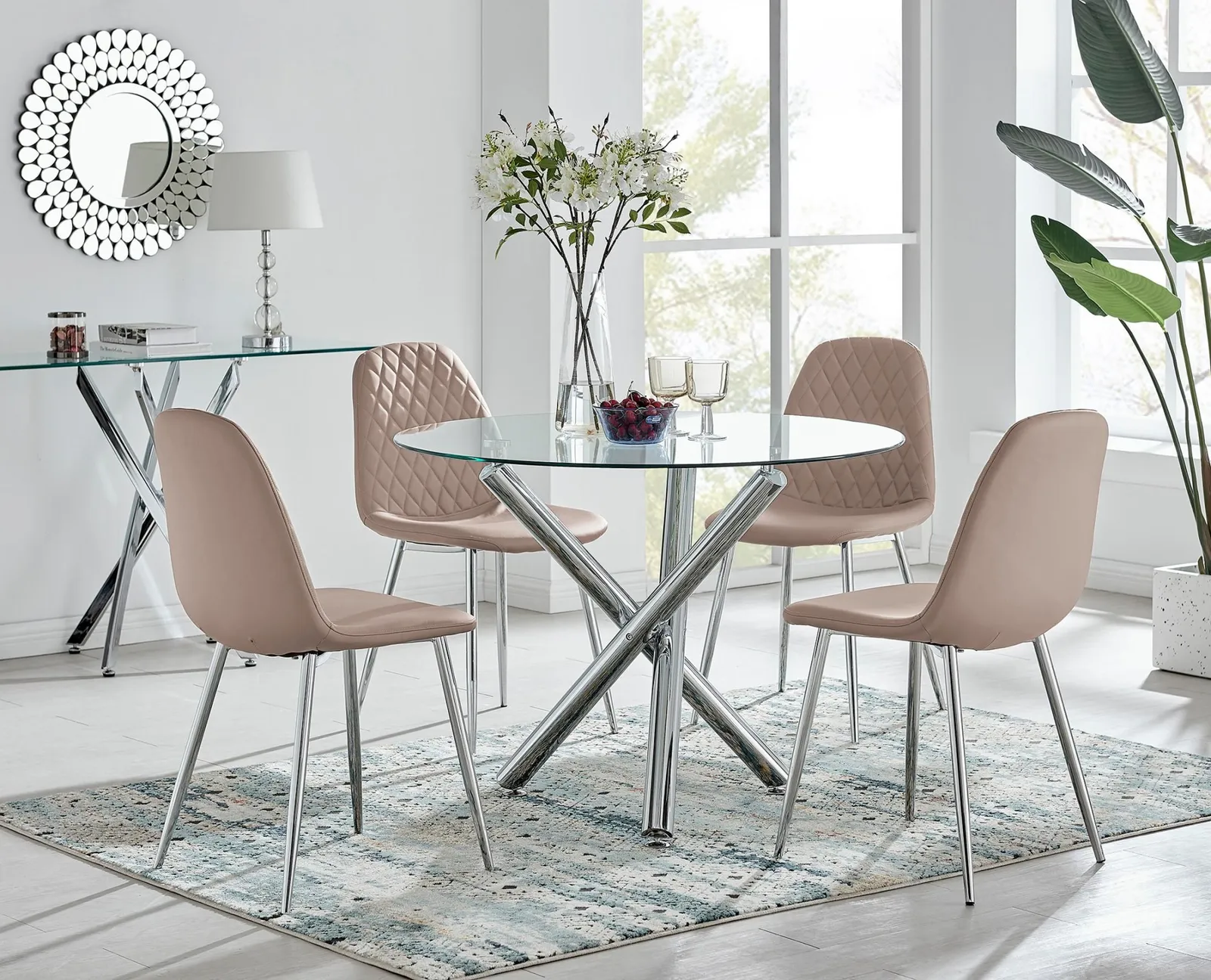 FurnitureboxUK Selina Round Glass Chrome Leg Dining Table & Corona Silver Leg Chairs in Beige