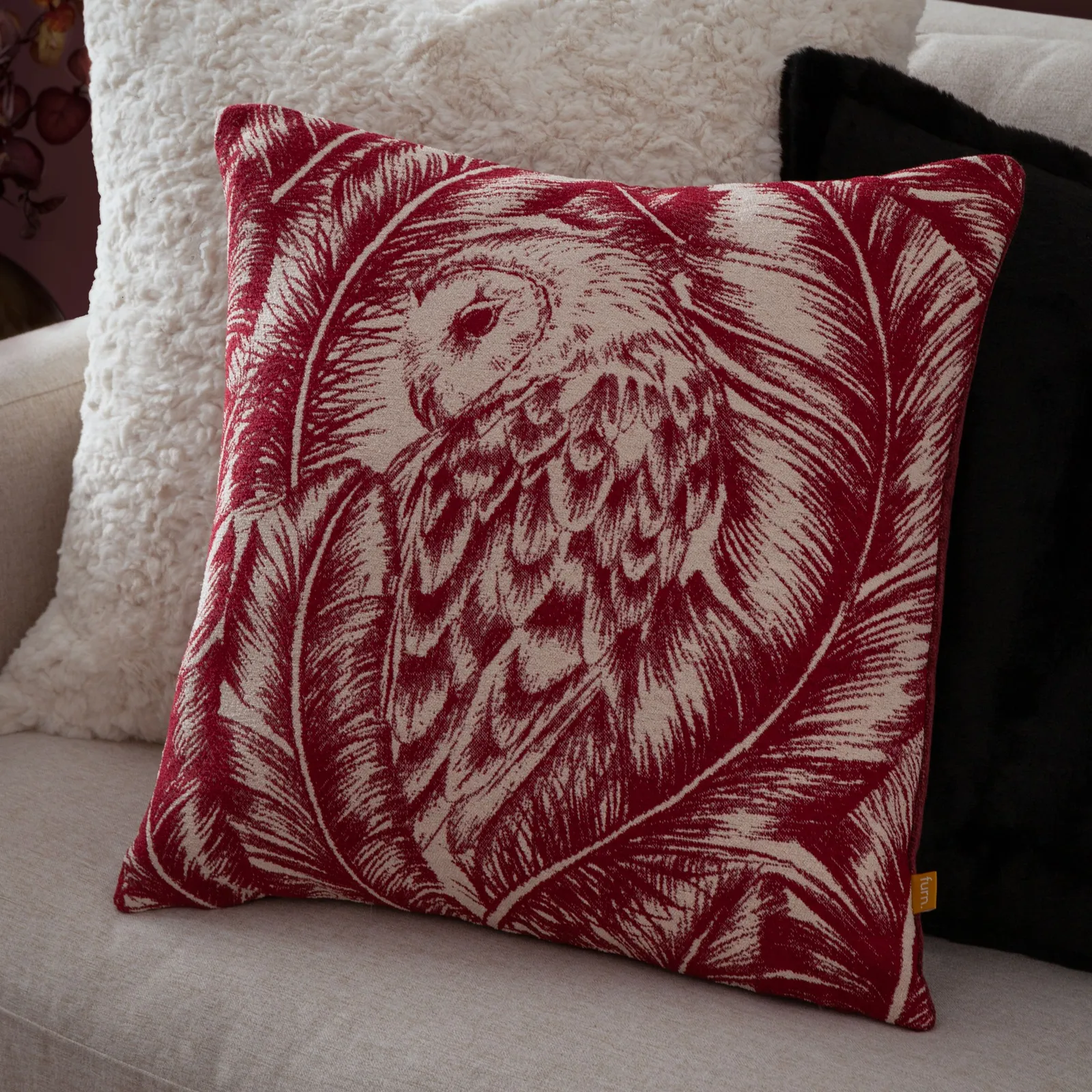 Wylder Nature Albus Barn Owl Floral Cushion in Red