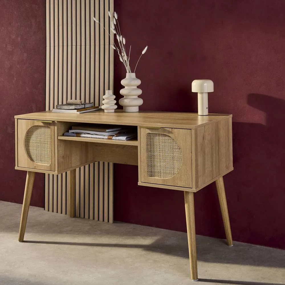 sweeek 2-drawer wooden & cane effect desk in Beige 4
