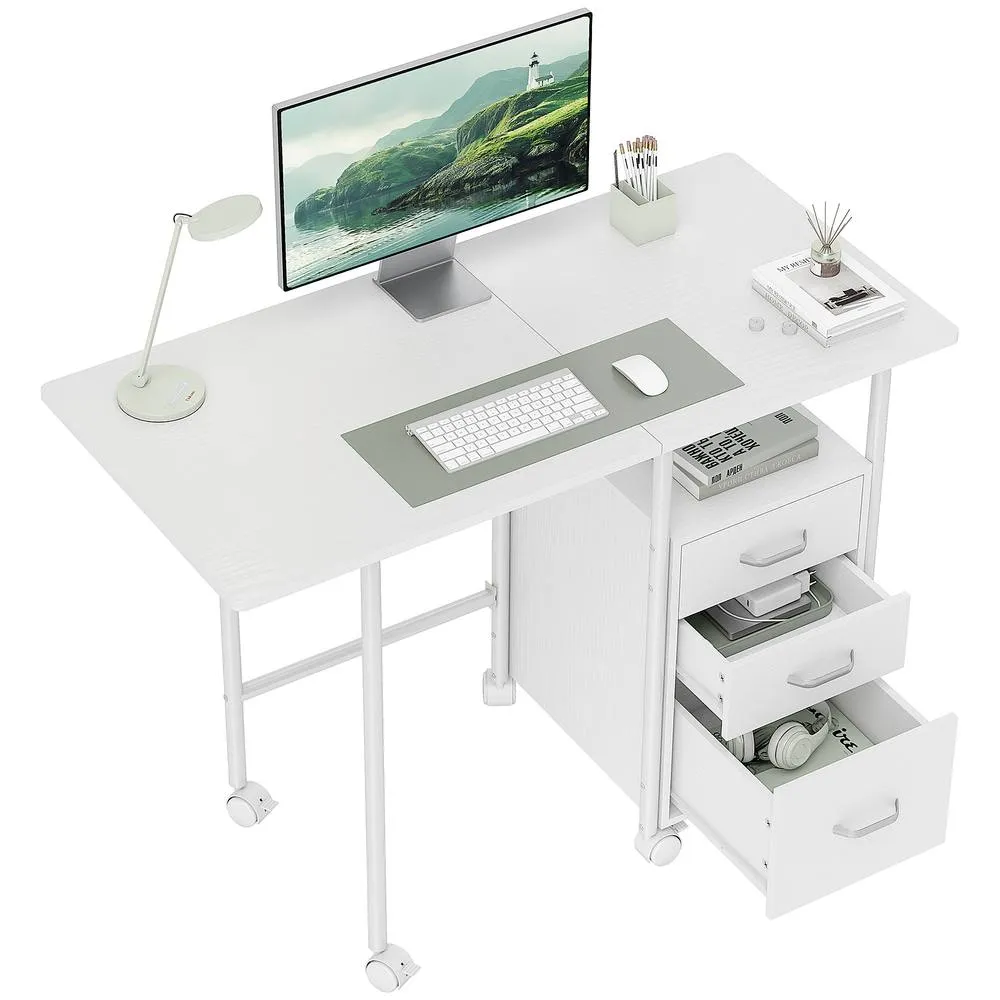 HOMCOM 105 x 51 cm Foldable Computer Desk with 3 Drawers, White
