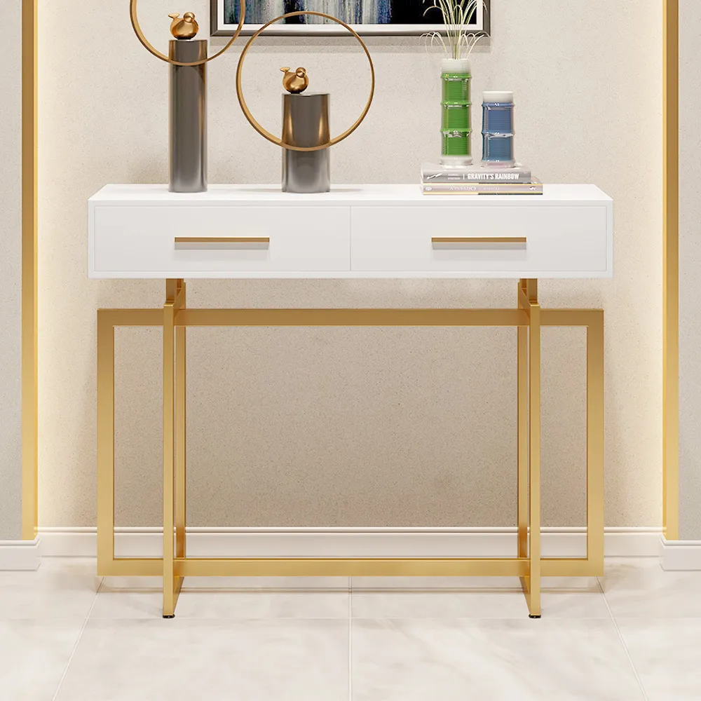 1000mm Narrow Console Table with Storage Drawers White Hallway Table with Metal Legs