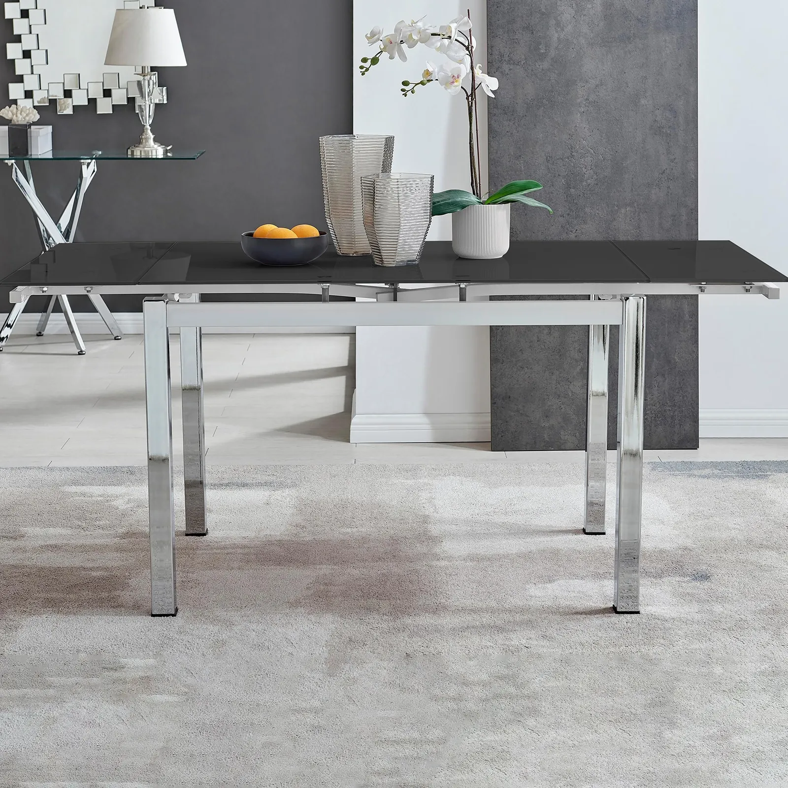 FurnitureboxUK Enna 170cm 6-Seater Chrome & Glass Extending Dining Table in Black 1